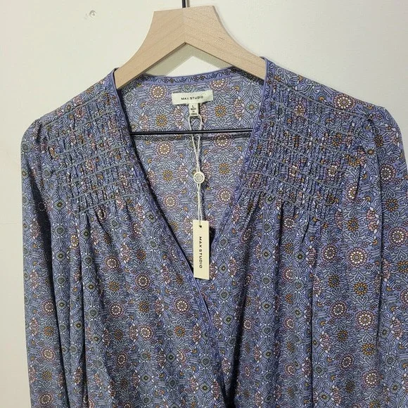 Max Studio Women's Crepe Shirtale Wrap Floral Print Surplice Blouse L - Picture 5 of 12